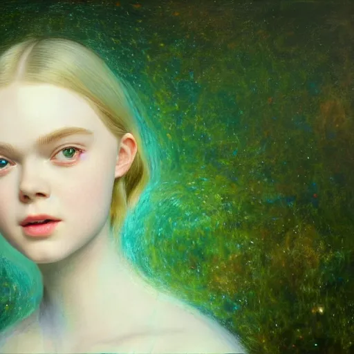 Prompt: portrait of a hologram ghost elle fanning surrounded by green radiation and led screens, detailed realism face in painting, detailed beautiful portrait, oil painting masterpiece, 8 k resolution, smooth, sharp focus, trending on artstation, by rembrandt
