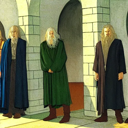 Image similar to the fellowship of the ring, gandalf, frodo, aragorn, legolas, by edward hopper