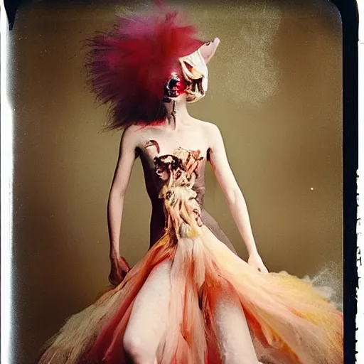 Image similar to damaged kodak portra 4 0 0, wetplate, photo of a surreal artsy dream scene,, very beautiful model, weird fashion, grotesque, extravagant dress, strange pose, carneval, with an animal, wtf, photographed by paolo roversi style