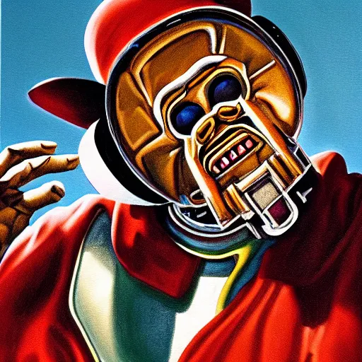 Image similar to beautiful lifelike painting of mf doom controlling all your world leaders with the power of magnetic waves, hyperreal detailed facial features and uv lighting, art by ed roth and basil wolverton