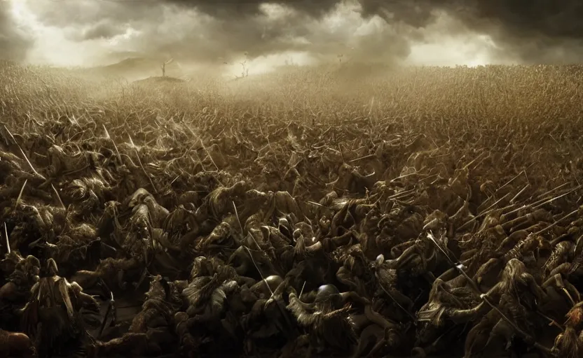 Image similar to stunning photograph of the battle of the pelennor fields, detailed, by erwin olaf, joop geesink, jim henson, brian froud, 8 k resolution, beautiful lighting, studio light, extremely detailed, establishing shot, realistic materials, hyperrealistic