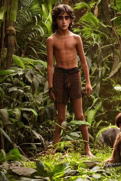 Image similar to young timothee chalamet plays mowgli in the live action adaptation of the jungle book, 3 5 mm photography, highly detailed, cinematic lighting, 4 k