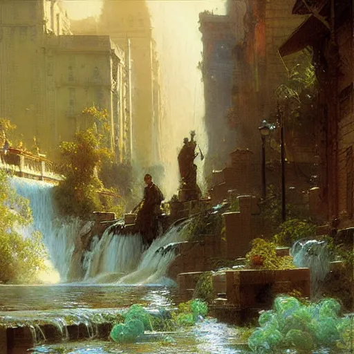 Image similar to waterfall flooding an entire city. victorian age. highly detailed painting by gaston bussiere, craig mullins, j. c. leyendecker