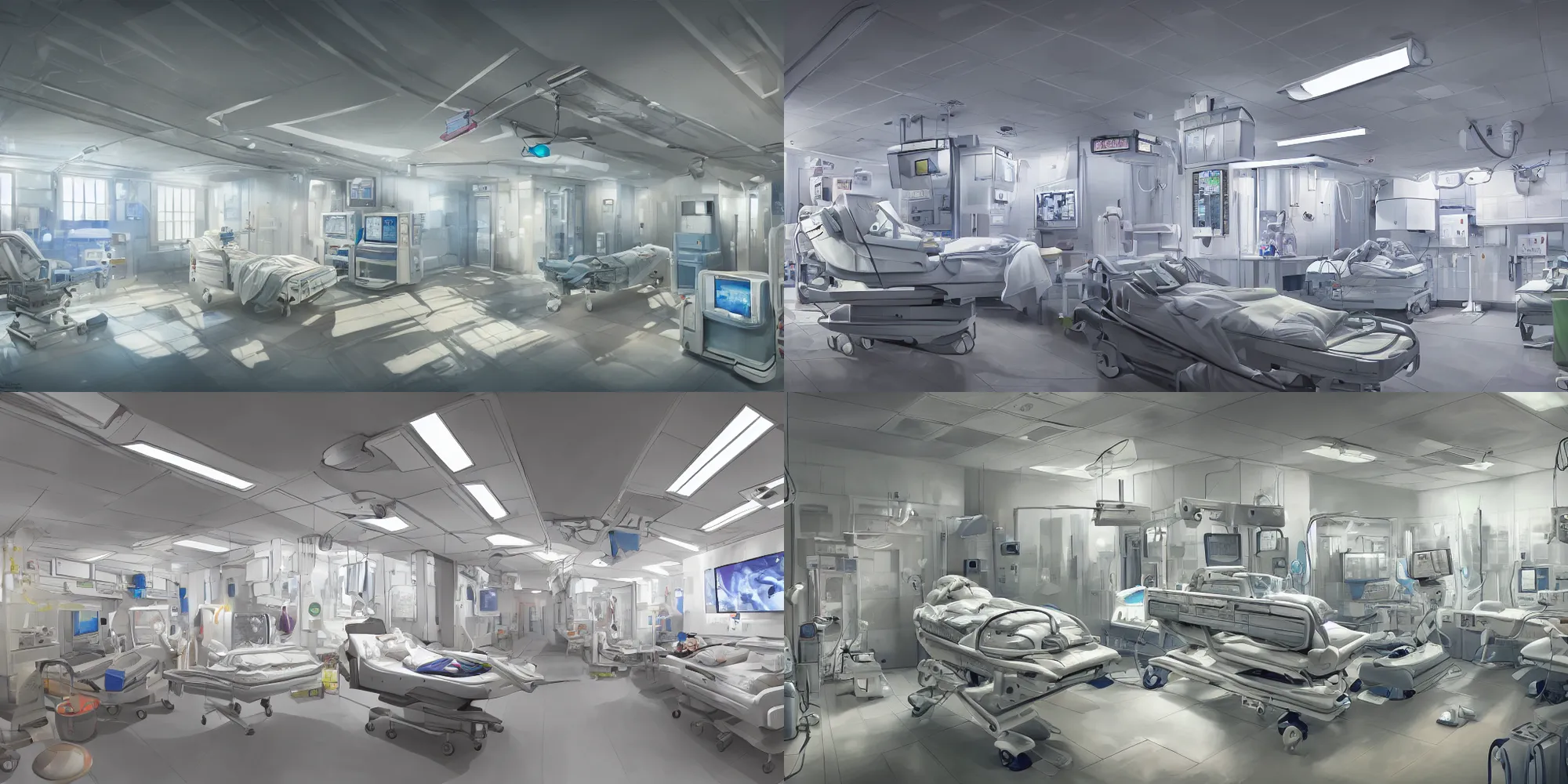 Prompt: Wide shot, hyperdetailed masterpiece concept art of an interior of an ICU room at an advanced hospital, 4k Detailed Matte Illustration trending on ArtStation