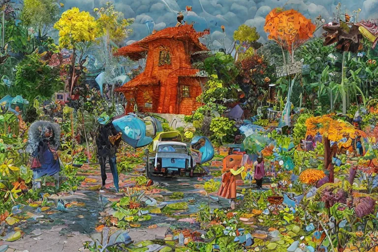 Image similar to surreal glimpse into other universe, jalan - jalan cari makan, summer morning, very coherent and colorful high contrast, art by!!!! gediminas pranckevicius!!!!, geof darrow, floralpunk screen printing woodblock, dark shadows, hard lighting, stipple brush technique,