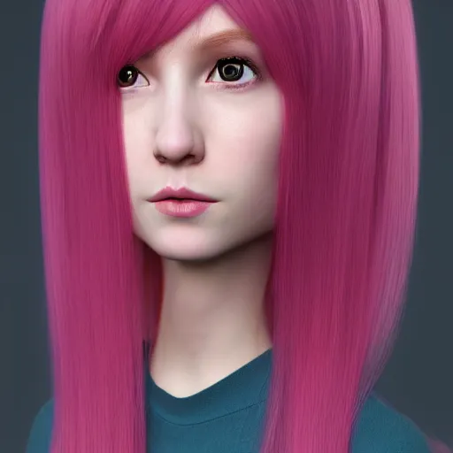 Prompt: A portrait of a 3d cgi toon young woman with long pink hair, full bangs, amber eyes, pale skin, Chinese, medium shot, mid-shot, soft focus, 4k, trending on artstation