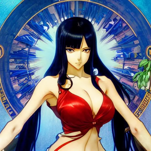 Image similar to highly detailed vfx portrait of nico robin by eiichiro oda, makoto shinkai, alphonse mucha, sharp focus, art by artgerm and greg rutkowski!, backlit, harsh overhead sunlight, blue eyes, stanley kybric, yusuke murata, pixiv, fanbox,