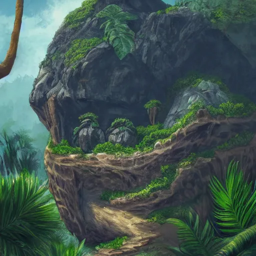 Image similar to painting of a small desolate jungle island with a prominent large rock formation in the shape of a gorillas head, trending on artstation
