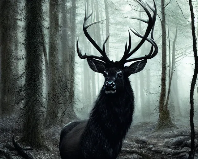 Image similar to 5 5 mm portrait photo of a black stag with antlers and black feathers in a magical forest. scary. magical atmosphere. art by greg rutkowski and luis royo. highly detailed 8 k. intricate. lifelike. soft light. nikon d 8 5 0.