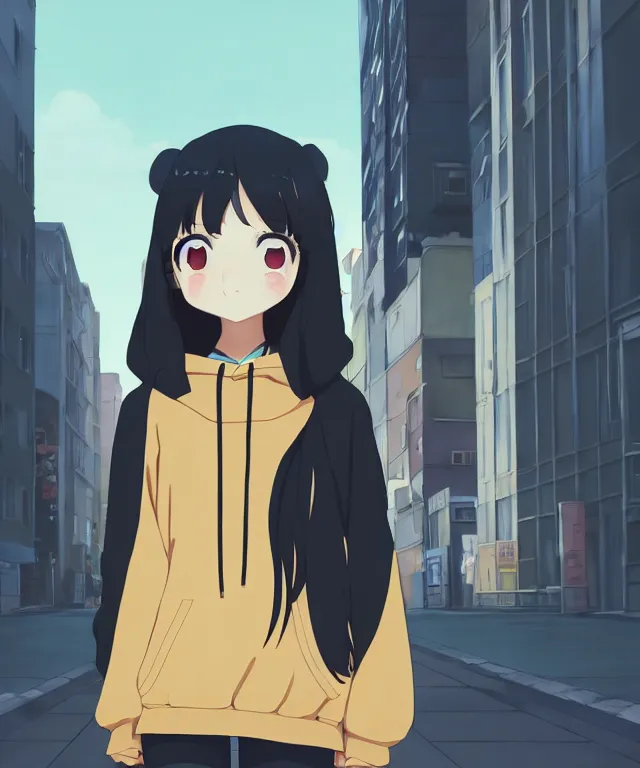 Prompt: anime visual, portrait of a young black haired girl wearing hoodie on the city street background, one person, cute face by yoh yoshinari, katsura masakazu, studio lighting, full body shot, strong silhouette, zoom out, ilya kuvshinov, cel shaded, crisp and sharp, rounded eyes, bright