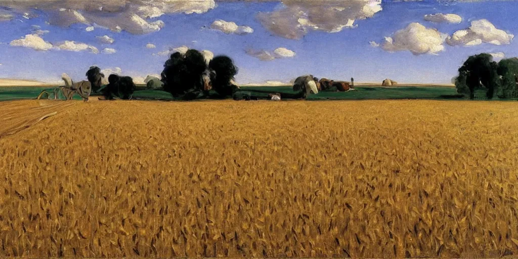 Prompt: a field full of Amish Farmers shocking wheat by John Singer Sargent