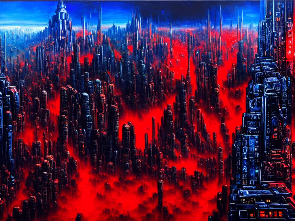 Prompt: an epic cityscape painting of a nightmarish hellscape full of cosmic horrors, wall street, horror, surreal, cyberpunk, dark, vivid, red, blue, oil on canvas, epic, dramatic, cinematic