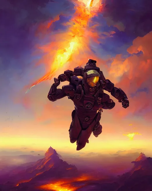 Prompt: Master chief skydiving, fiery, by pete mohrbacher and artgerm and wlop, digital art, highly detailed, intricate, fantasy, mystical, sharp focus, Trending on Artstation HQ, deviantart, unreal engine, 4K UHD image