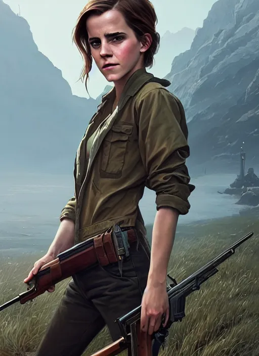 Prompt: highly detailed painting of emma watson holding a shotgun in gta v, stephen bliss, unreal engine, fantasy art by greg rutkowski, loish, rhads, ferdinand knab, makoto shinkai and lois van baarle, ilya kuvshinov, rossdraws, tom bagshaw, global illumination, radiant light, detailed and intricate environment