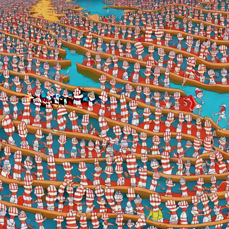 Image similar to high quality illustration of waldo from where's waldo in a high detailed full page spread from the where's waldo book at a densely populated beach, high angle medium wide, where's waldo character large in the top right, high detail illustration, coherent