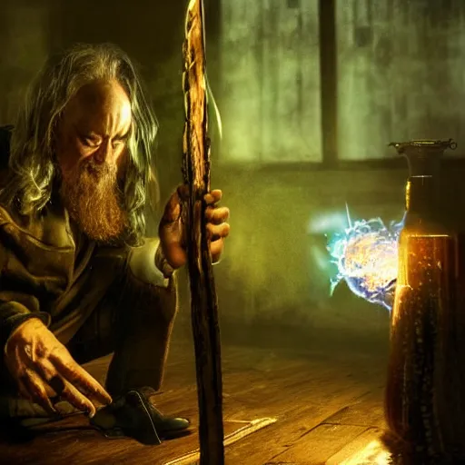 Prompt: dark wizard casting spell, alchemist lab, hyperrealistic, cinematic atmosphere, high definition, epic