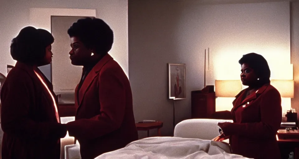 Prompt: cinematic shot from a 1 9 8 5 thriller, a octavia spencer implants device in joe manchin's ear, fancy apartment, film directed by stanley kubrick, color theory, leading lines, photorealistic, volumetric lighting