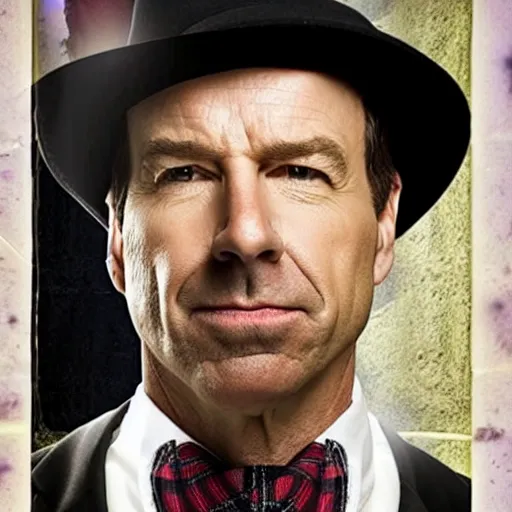 Prompt: A realistic photograph of Saul Goodman from Breaking Bad with a goatee wearing a black fedora hat