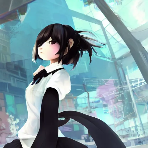 Image similar to luxury advertisement, astonishing portrait of a very beautiful anime schoolgirl with black bob hair in style of cytus and deemo, full perfect face, she is dancing, set in Half-life. Realistic, highly detailed background, artstation, 120 degree view, drawn by Sasoura, Satchely, studio ghibli and Akihiko Yoshida, sharp focus, smooth, 8k, clear face, no distortion