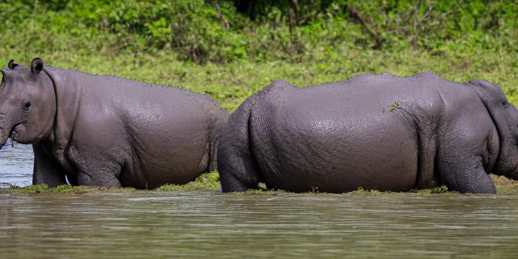 Image similar to a single hippo in a river in the jungle. the hippo has a rhino's horn and an elephant's trunk. extremely high fidelity, natural lighting