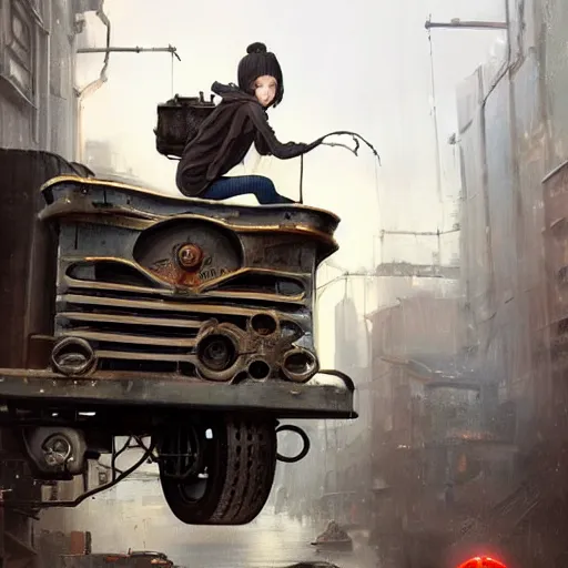 Image similar to a highly detailed epic cinematic concept art CG render digital painting artwork: the back of a steampunk truck in motion. girl in grey hoodie catches a ride on the back of a truck. By Greg Rutkowski, Ilya Kuvshinov, WLOP, Stanley Artgerm Lau, Ruan Jia and Fenghua Zhong, trending on ArtStation, made in Maya, Blender and Photoshop, octane render, excellent composition, cinematic atmosphere, dynamic dramatic cinematic lighting, aesthetic, very inspirational, arthouse