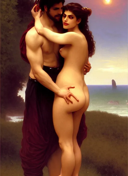Image similar to mills and boon romance novel cover with cthulhu and eva mendes, they are in love, by william - adolphe bouguereau, digital painting, artstation, concept art, smooth, sharp focus, warm lighting,