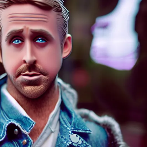 Image similar to Ryan Gosling with silver-violet hair, white eyes inflated press and denim glittery vest, wide lens, diorama, 4k,