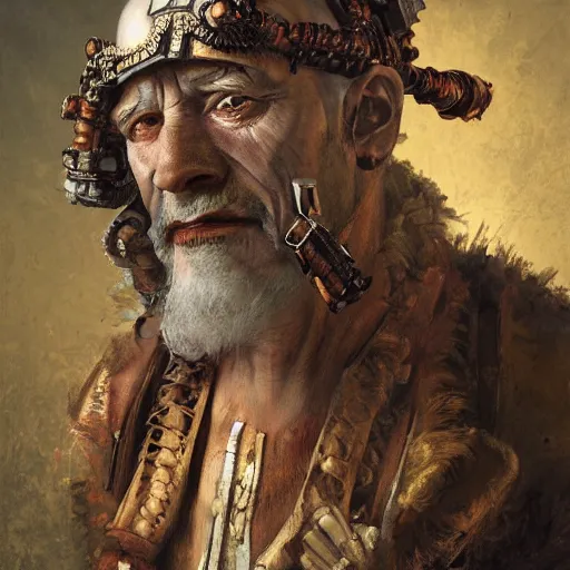 Image similar to portrait, headshot, digital painting, of a old 17th century, old cyborg merchant, amber jewels, baroque, ornate clothing, scifi, realistic, hyperdetailed, chiaroscuro, concept art, art by Franz Hals and Jon Foster