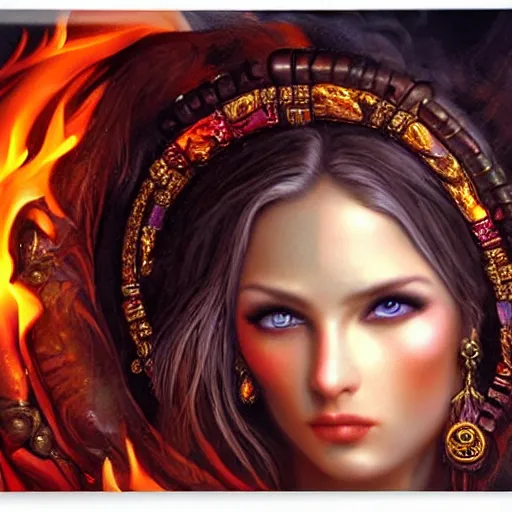 Image similar to perfectly centered close up portrait of goddess of fire, candid photography, by anne stokes, highly detailed