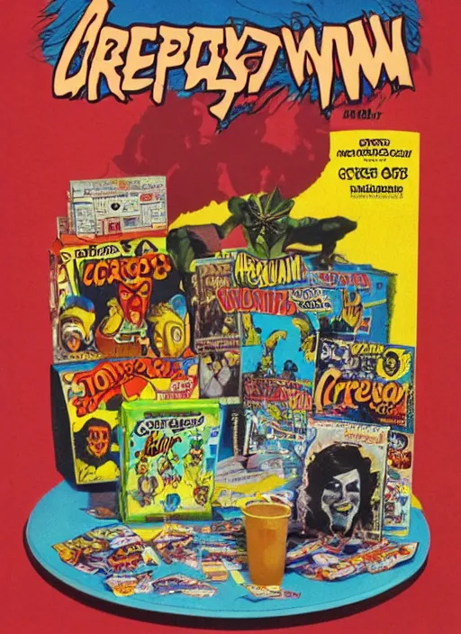 Image similar to a box of creepshow ( 1 9 8 2 ) cereal, 1 9 8 0's, highly detailed