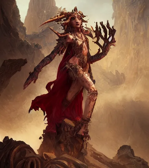 Prompt: demons, full dress, full body portrait, gentle, female, ruins landscape, d & d, fantasy, intricate, elegant, highly detailed, digital painting, red gold color palette, artstation, octane render, concept art, matte, sharp focus, illustration, hearthstone, art by artgerm and greg rutkowski and alphonse mucha