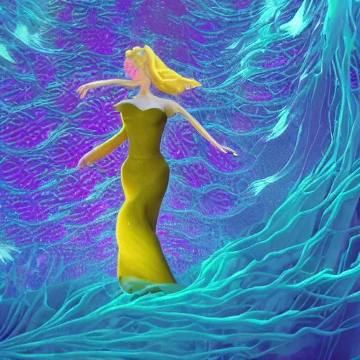 Prompt: woman dancing underwater wearing a flowing dress made of blue, magenta, and yellow seaweed, delicate coral sea bottom, swirling silver fish, swirling smoke shapes, renderman render, caustics lighting from above, cinematic, hyperdetailed