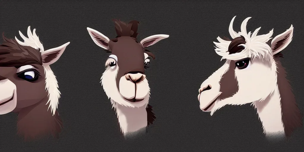 Prompt: game asset of unique llama heads on black background, organic, animated disney movie palette, animated disney movie black inking, cel shading, 5 colors, no gradients, flat 2 d design, 2 d sprites, 8 k, close up