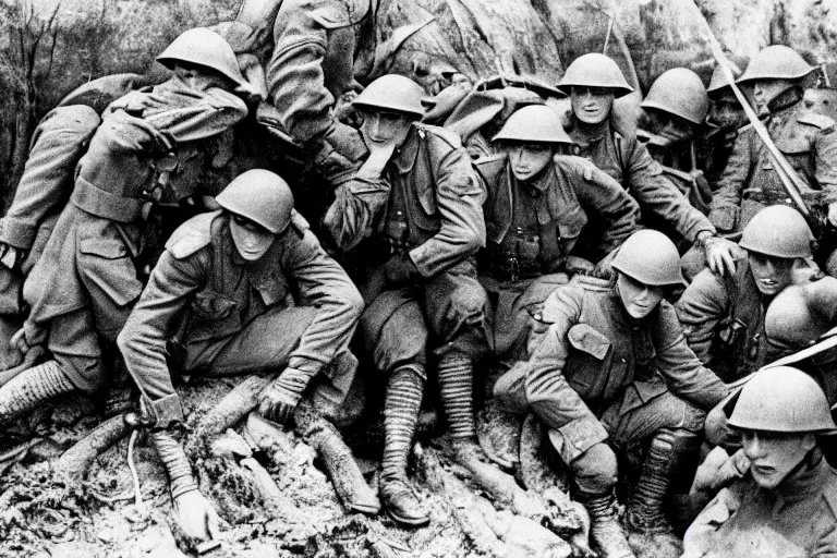 Prompt: old monochromatic photograph of Spider-Man with soldiers in a WW1 trench