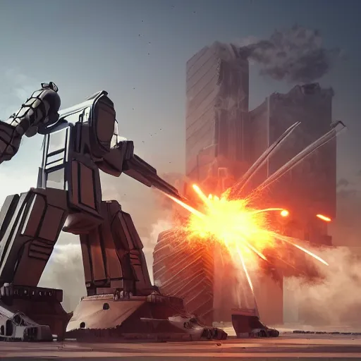 Image similar to six meter tall mech firing at tanks, futuristic city, mechanized art concept, 3 d render, marble statue