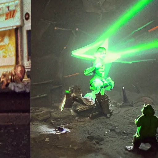 Image similar to a mix between Hulk and Yoda and Dobby and Gollum fighting robots, center frame medium shot, shot on technicolor cinemascope 35mm anamorphic lense, flare