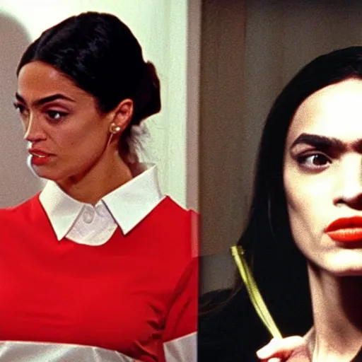 Image similar to Alexandria Ocasio Cortez wearing Tax the Rich tee shirt in American Psycho (1999)