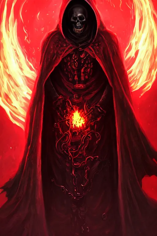 Prompt: A full body portrait of a mysterious character with a flaming skull with a very long hooded blood red and black cloak, tentacles coming out the ground art by Jason Chan, ominous, cosmic horror, trending on artstation, Ultra detailed, hyper realistic 4k