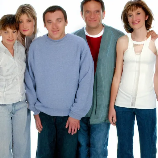 Prompt: 2004 sitcom family photo in Croatia, white studio background