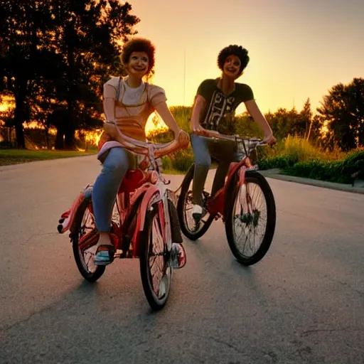 Image similar to teens riding their bikes in the 1 9 8 0 s, long shot, sunset at the golden hour, photoreal, synthwave style