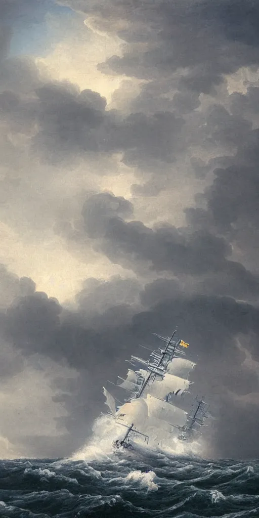 Image similar to painting of a battleship on a stormy sea