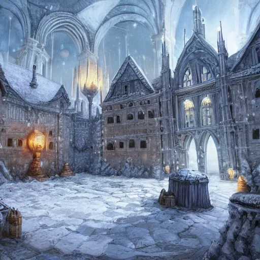 Image similar to fantasy concept art, high detail, 8k, snow covered walled medieval city, labyrinth in the background