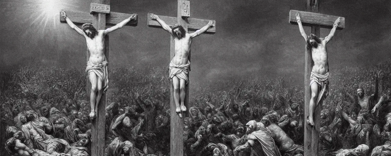 Image similar to the crucifixion of jesus christ, photorealistic, highly detailed, texture, soft light, dramatic, moody, ambient, painting by gustave dore