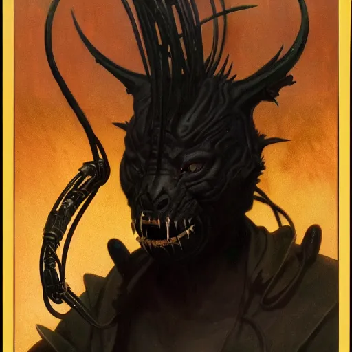 Prompt: menacing aggressive black creature made out of needles, archaic demon, in a gas station, aggressive fluorescent industrial lighting, extremely detailed digital matte painting buy Greg Rutkowski and Alphonse Mucha