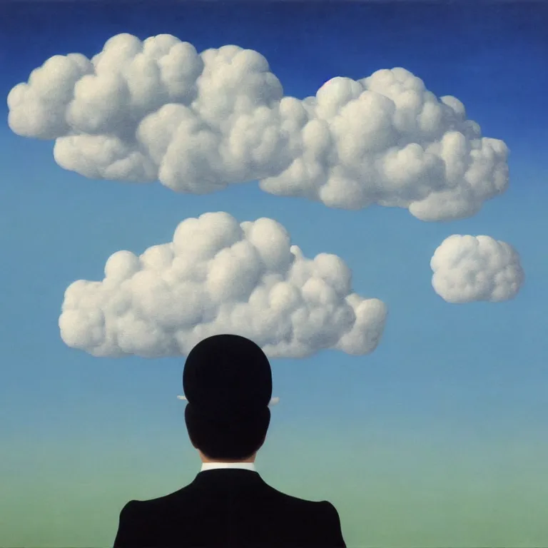 Image similar to cloud - man, by rene magritte, centered, detailed painting, hd, hq, high resolution, high detail, 4 k, 8 k