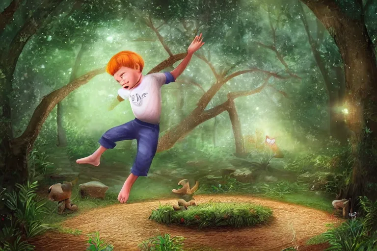 Prompt: a beautiful illustration of a sleepy little cute boy jumping on his bed in a beautiful forest, digital art, high detailed face