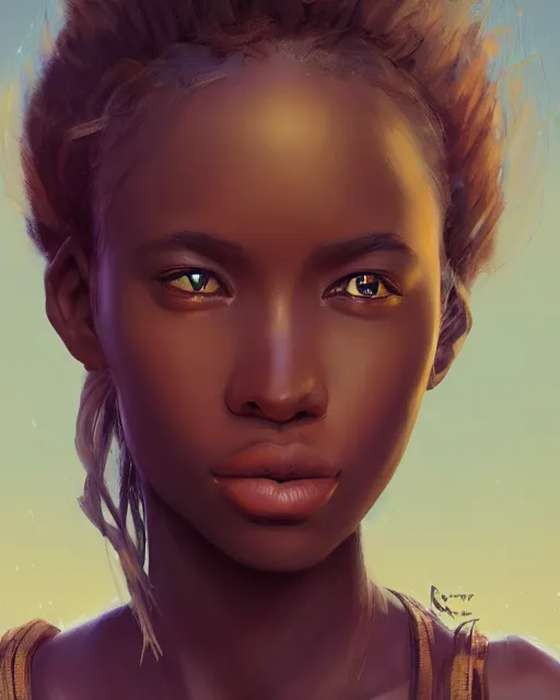 Image similar to portrait of a beautiful african girl, flowy blonde hair, cinematic lighting, highly detailed, digital painting, trending on artstation, pixiv, concept art, sharp focus, illustration, art by ross tran and wlop