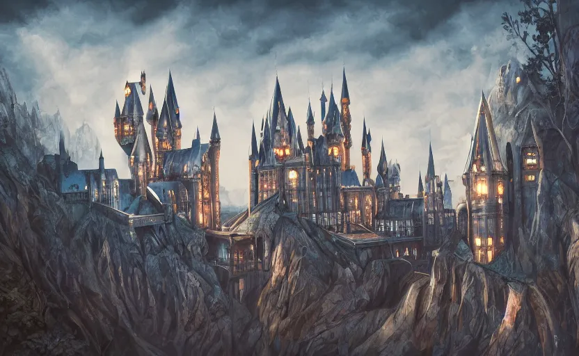 Prompt: a super detailed beautiful painting of futaristic hogwarts by shaddy safadi, 8 k, blue hue, warm lighting, cyberpunk trending on artstation