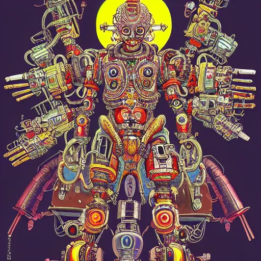 Image similar to detailed intricate color manga illustration of a Hindu god with a halo as an evil cyborg alien robot with lots of arms and weapons, cyberpunk, sistine chapel, davinci, religion, Hindu, vishnu, akira, dystopian, sci-fi, geof darrow, transmetropolitan, ronin