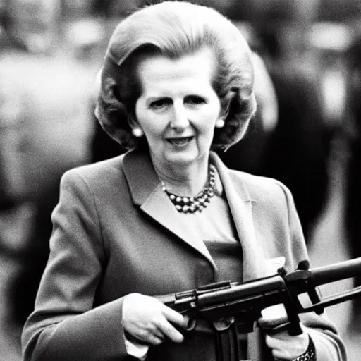 Prompt: Margaret Thatcher carrying a machine gun